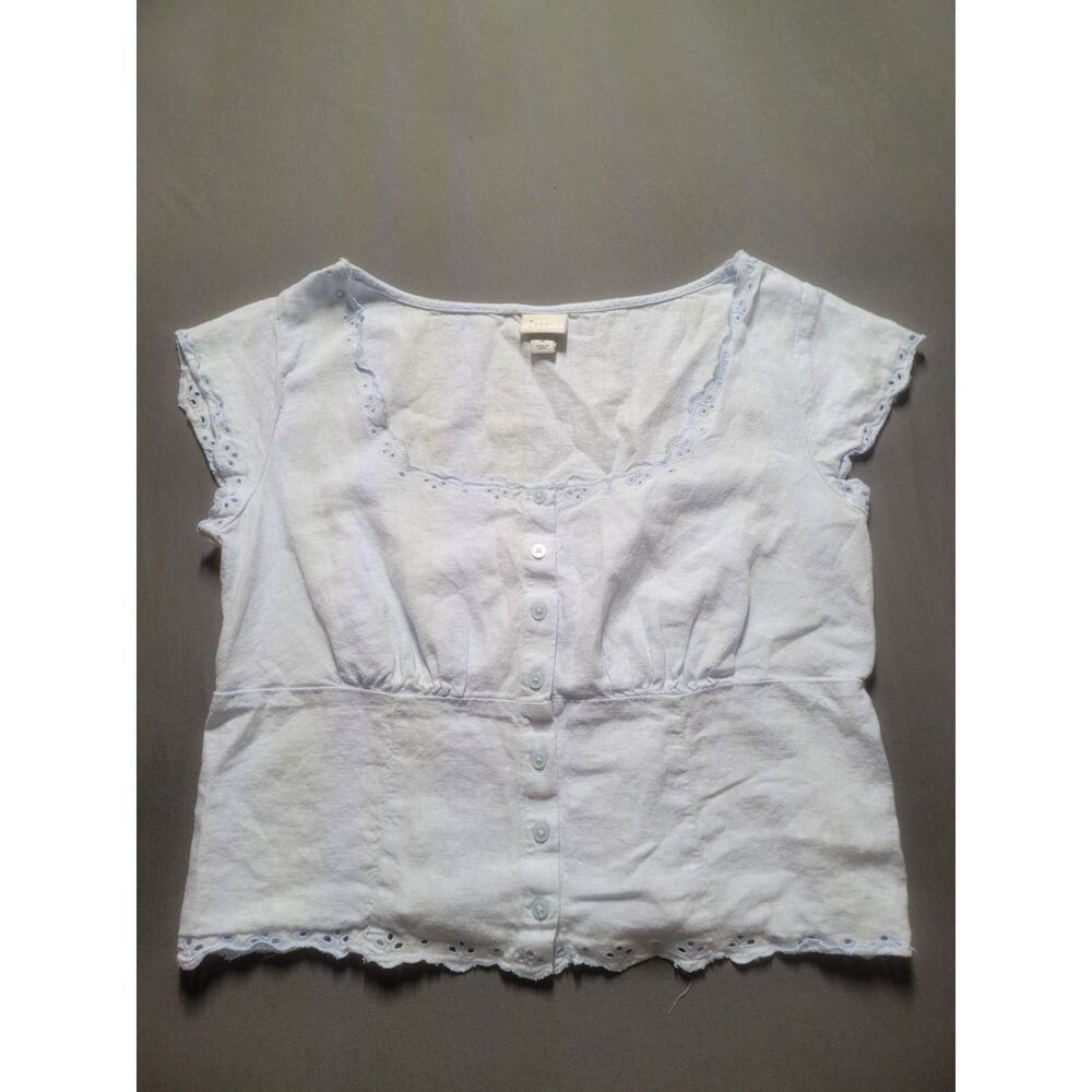 a new day Light Blue Eyelet Trim Button Front Smocked Back Top Medium